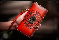 Handmade Leather Tibetan Mens Chain Biker Wallet Cool Leather Wallet Long Clutch Wallets for Men