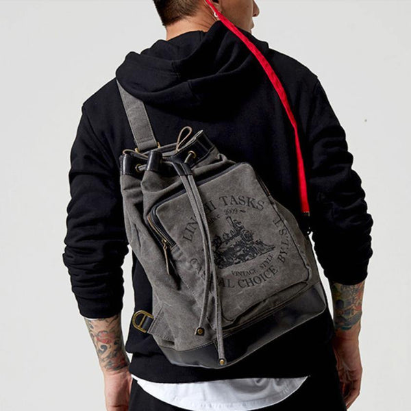 Fashion Canvas Leather Mens Bucket Sling Bag Sling Pack Khaki Canvas Sling Backpack for Men - iwalletsmen