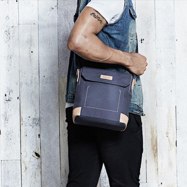 Canvas Leather Mens Vertical Side Bag Small Messenger Bags Khaki Canvas Courier Bags for Men - iwalletsmen