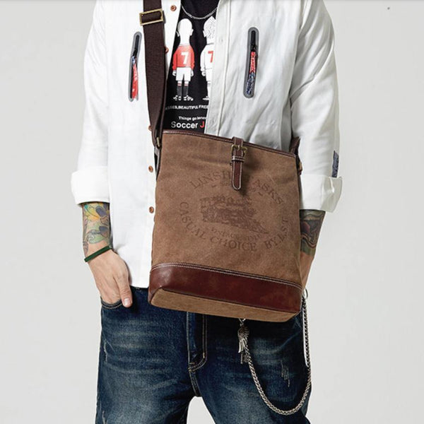 Fashion Vertical Canvas Leather Mens Courier Bag Crossbody Bag Messenger Bags Khaki Canvas Postman Bag for Men - iwalletsmen