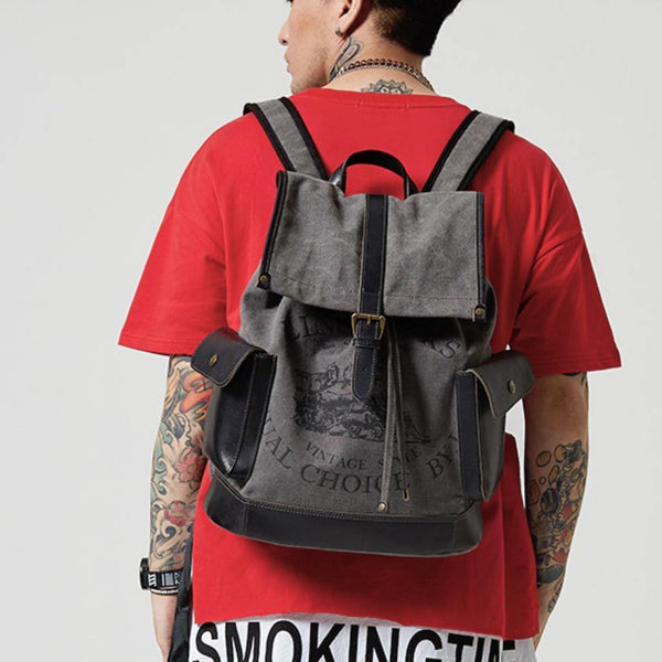 Fashion Canvas Leather Mens Backpack Computer Backpack Khaki Canvas Travel Backpack For Men - iwalletsmen