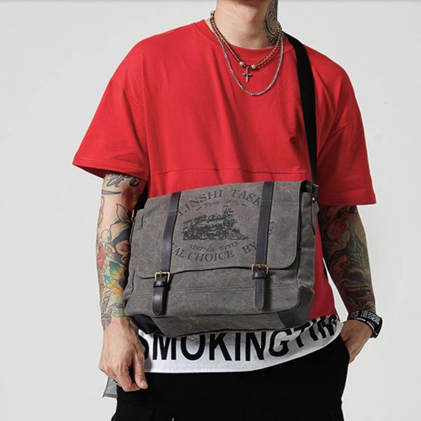 Fashion Canvas Leather Mens Side Bags Messenger Bags Khaki Canvas Courier Bag for Men - iwalletsmen