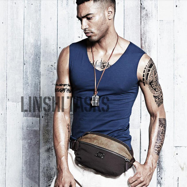 Casual Black Canvas Leather Fanny Pack Men's Chest Bag Hip Bag Waist Bags For Men - iwalletsmen