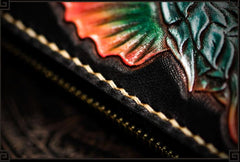 Handmade Leather Tooled Carp Mens Chain Biker Wallet Cool Leather Wallet Long Phone Wallets for Men