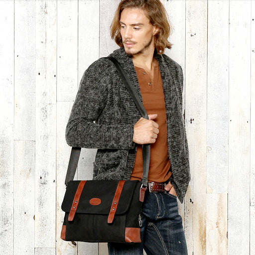 Casual Canvas Leather Mens Khaki Side Bag Messenger Bag Black Canvas Courier Bag for Men - iwalletsmen