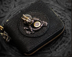 Handmade Leather Chinese Dragon Tooled Mens billfold Wallet Cool Chain Wallet 