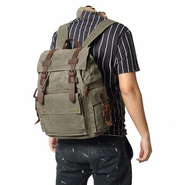 Cool Waxed Canvas Retro Mens Black Large 15‘’ Travel Backpack Computer Backpack Hiking Backpack for Men - iwalletsmen