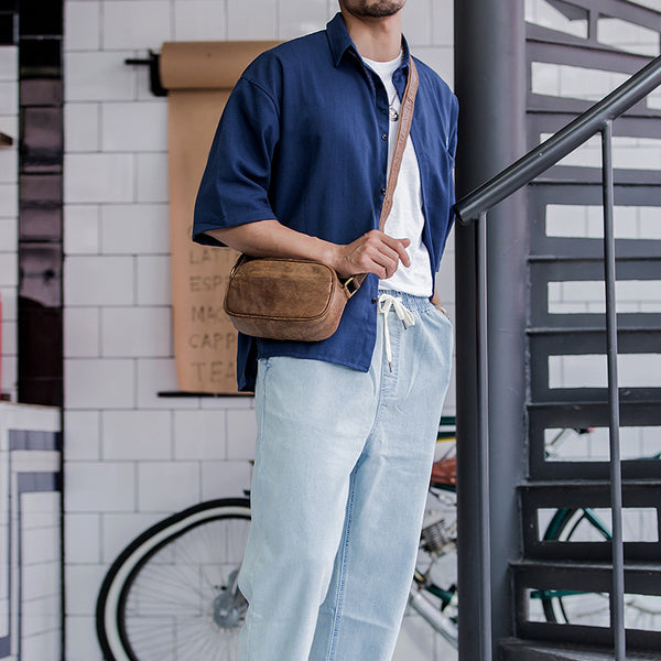 Camel Leather Mens Mini Phone Bag Courier Bag Small Messenger Bags Postman Bag for Men - iwalletsmen