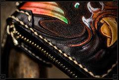 Handmade Leather Tooled Carp Mens Chain Biker Wallet Cool Leather Wallet Long Phone Wallets for Men