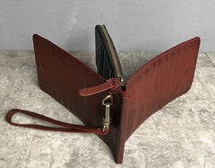 Genuine Leather Mens Cool Long Leather Wallet Cards Phone Zipper Clutch Wristlet Wallet for Men