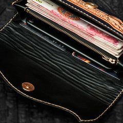 Handmade Leather Men Tooled Blue Floral Cool Leather Wallet Long Phone Clutch Wallets for Men