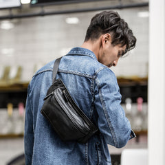 Black Leather Mens Waist Bag Fanny Pack Sling Bag Chest Bag Black One Shoulder Backpack for Men - iwalletsmen