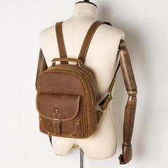 Fashion Light Brown Mens Leather 12-inch Small Backpacks Travel Backpack School Backpacks for men - iwalletsmen
