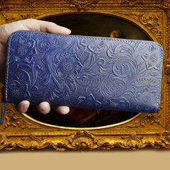 Handmade Leather Floral Mens Cool Travel Long Wallet Card Holder Card Slim Clutch Wallets for Men