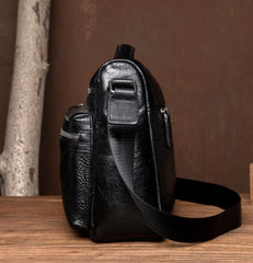 Black Leather 10 inches Mens Small Messenger Bag Black Side Bag Courier Bag Postman Bag for Men - iwalletsmen