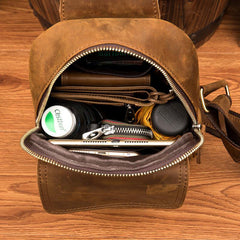 Cool Dark Brown Leather Mens Sling Bag Crossbody Pack One Shoulder Pack Brown Chest Bag for men - iwalletsmen