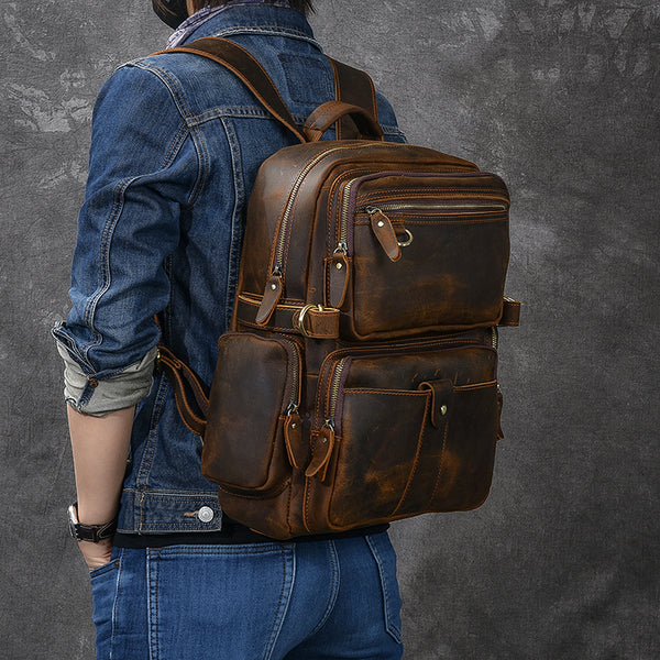 Brown Leather Mens 14" Laptop Hiking Backpack Travel Backpack College Backpack for Men - iwalletsmen