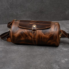 Leather Mens Vintage Brown Side Bag Barrel Messenger Bag Small Bucket Bag For Men - iwalletsmen