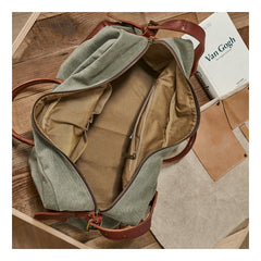 Vintage Mens Green Leather Canvas Large Weekender Bag Canvas Travel Shoulder Bag Large Duffle Bags for Men - iwalletsmen