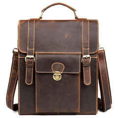 Casual Brown Leather Mens 14 inches School Backpacks Shoulder Briefcase Computer Backpack for Men - iwalletsmen