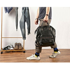 Cool Black Leather Mens Travel Backpack Work Handbag Briefcase Work Backpack For Men - iwalletsmen