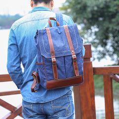 Denim Blue Waxed Canvas Mens Large 14'' Laptop Backpack College Backpack Hiking Backpack for Men - iwalletsmen