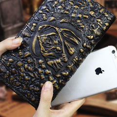 Handmade Leather Mens Tooled Skull Death Cool Zipper Phone Travel Long Wallet Card Holder Card Slim Clutch Wallets for Men