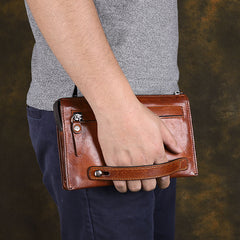 Handmade Brown Leather Mens Long Wallet Wristlet Wallet Brown Zipper Clutch Wallet for Men - iwalletsmen