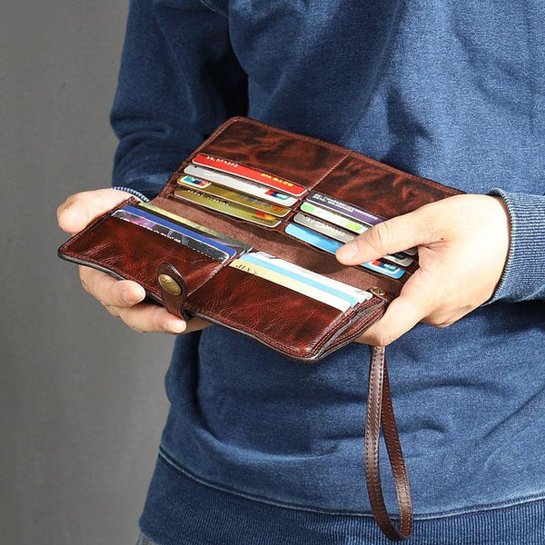 Leather Mens Cool Vintage Wallet Bifold Long Leather Biker Wallet Black Clutch Wristlet Wallet for Men - iwalletsmen