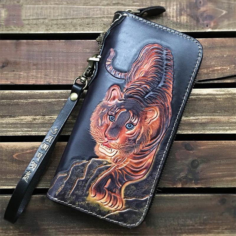 Black Handmade Tooled Tiger Leather Long Biker Wallet Chain Wallet Clutch Wallet For Men - iwalletsmen