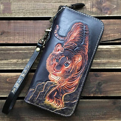 Black Handmade Tooled Tiger Leather Long Biker Wallet Chain Wallet Clutch Wallet For Men - iwalletsmen