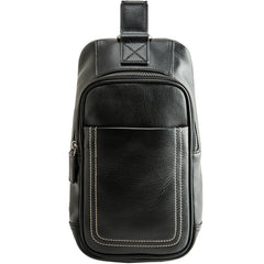 Black Leather Mens Large Sling Bag Chest Bag Sling Pack Black One Shoulder Backpack for Men - iwalletsmen