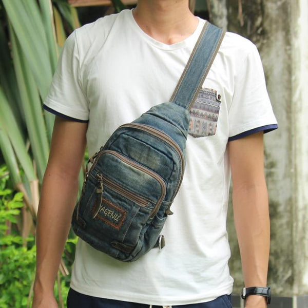Denim Vintage Blue Mens Sling Bag Chest Bags Jean One Shoulder Backpack For Men - iwalletsmen