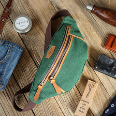 Green Canvas Leather Mens Chest Bag Waist Bag Fanny Pack Bum Pack For Men - iwalletsmen