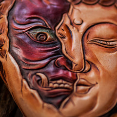 Handmade Leather Mens Clutch Wallet Cool Buddha&Demon Tooled Wallet Long Zipper Wallets for Men