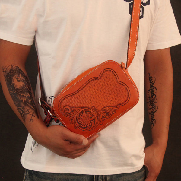Cool Handmade Floral Tooled Leather Small Postman Bag Messenger Bag Courier Bag For Men - iwalletsmen