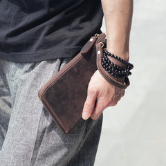 Vintage Dark Brown Leather Mens Phone Wallet Clutch Bag Wristlet Bag Zipper Long Wallet For Men - iwalletsmen