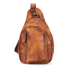 Cool Brown MENS LEATHER Sling Bag Chest Bag Coffee One Shoulder Backpack For Men - iwalletsmen