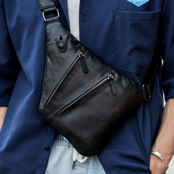Badass Black Leather Men's Sling Bag Chest Bag Black One shoulder Backpack Bundy Bag For Men - iwalletsmen