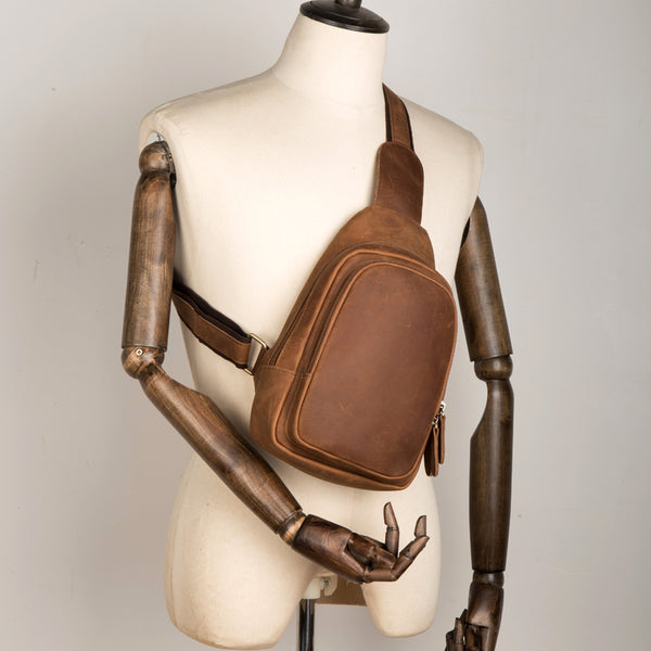 Cool Dark Brown Leather Mens Cool Sling Bag Crossbody Pack Brown Chest Bag Sling Pack for men - iwalletsmen