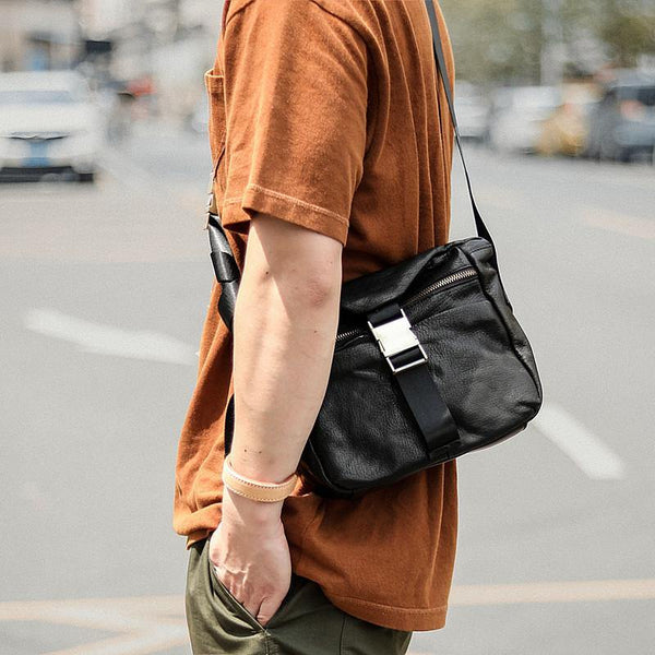 Black Leather Mens Casual Small Courier Bag Messenger Bags Brown Postman Bag For Men - iwalletsmen