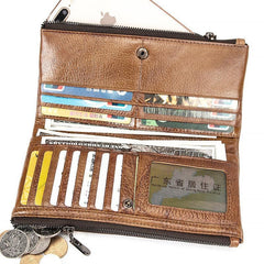 Brown Leather Long Wallet for Men Bifold Checkbook Wallet Card Holders Wallet For Men - iwalletsmen