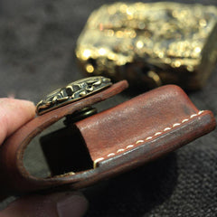 Cool Handmade Brown Leather Mens Zippo Lighter Case Heavy Armor Lighter Holder for Men - iwalletsmen