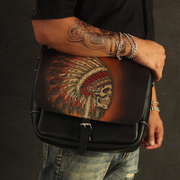 Handmade Black Tooled Indian Chief Skull Leather Courier Bag Messenger Bag For Men - iwalletsmen