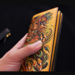 Handmade Leather Tooled Chinese Lion Mens Chain Biker Wallet Cool Leather Wallet With Chain Wallets for Men