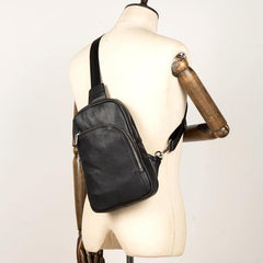Black Leather Mens Cool Sling Bag Sling Pack Brown ONe Shoulder Backpack Chest Bag for men - iwalletsmen