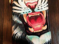 Handmade Leather Mens Clutch Wallet Cool Tiger Tooled Chain Wallet Biker Wallets for Men