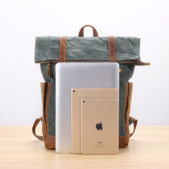 Waxed Canvas Leather Mens 17‘’ Lake Green Backpack Khaki Travel Backpack Dark Gray Hiking Backpack for Men - iwalletsmen