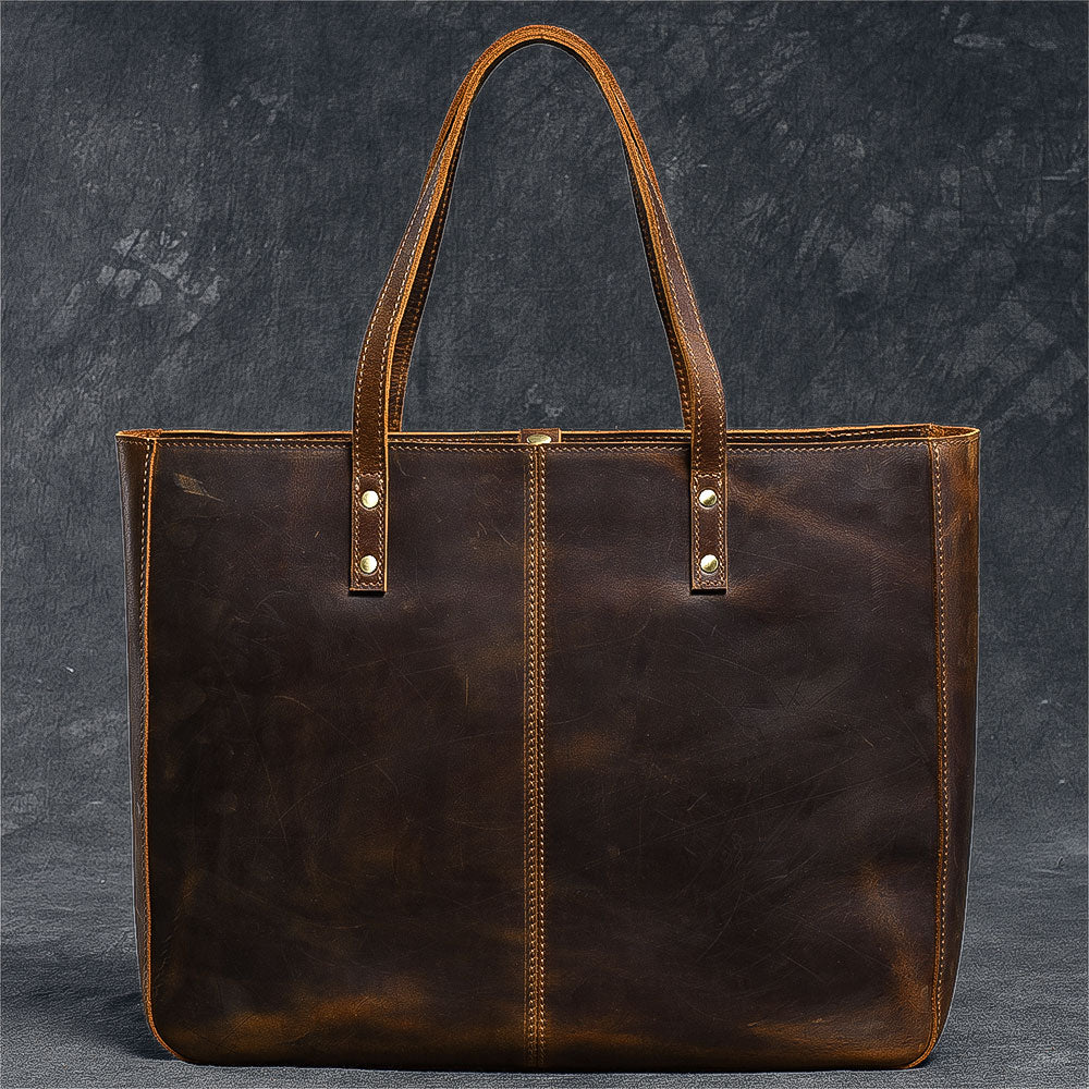 Leather Mens Womens 14" Large Tote Shoulder Bag Vintage Brown Tote Bag Large Side Bag For Men - iwalletsmen