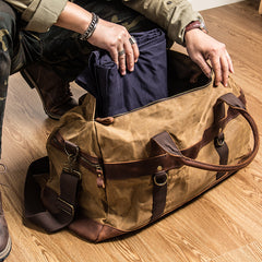 Khaki Waxed Canvas Leather Mens Waterproof Large Weekender Bag Travel Bag Luggage Bag for Men - iwalletsmen